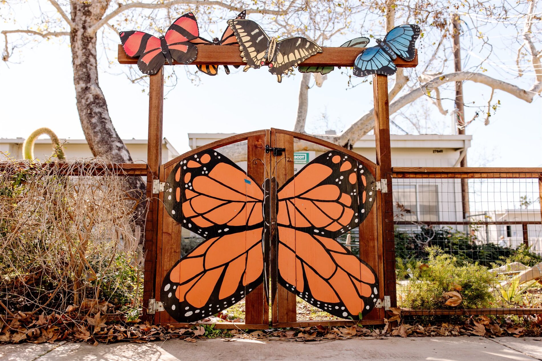 View from outside of the Kavod Gardens - double gate doors decorated with a vibrant orange and black butterfly covering the gate, and 5 colorful butterflies above the gate entrance.