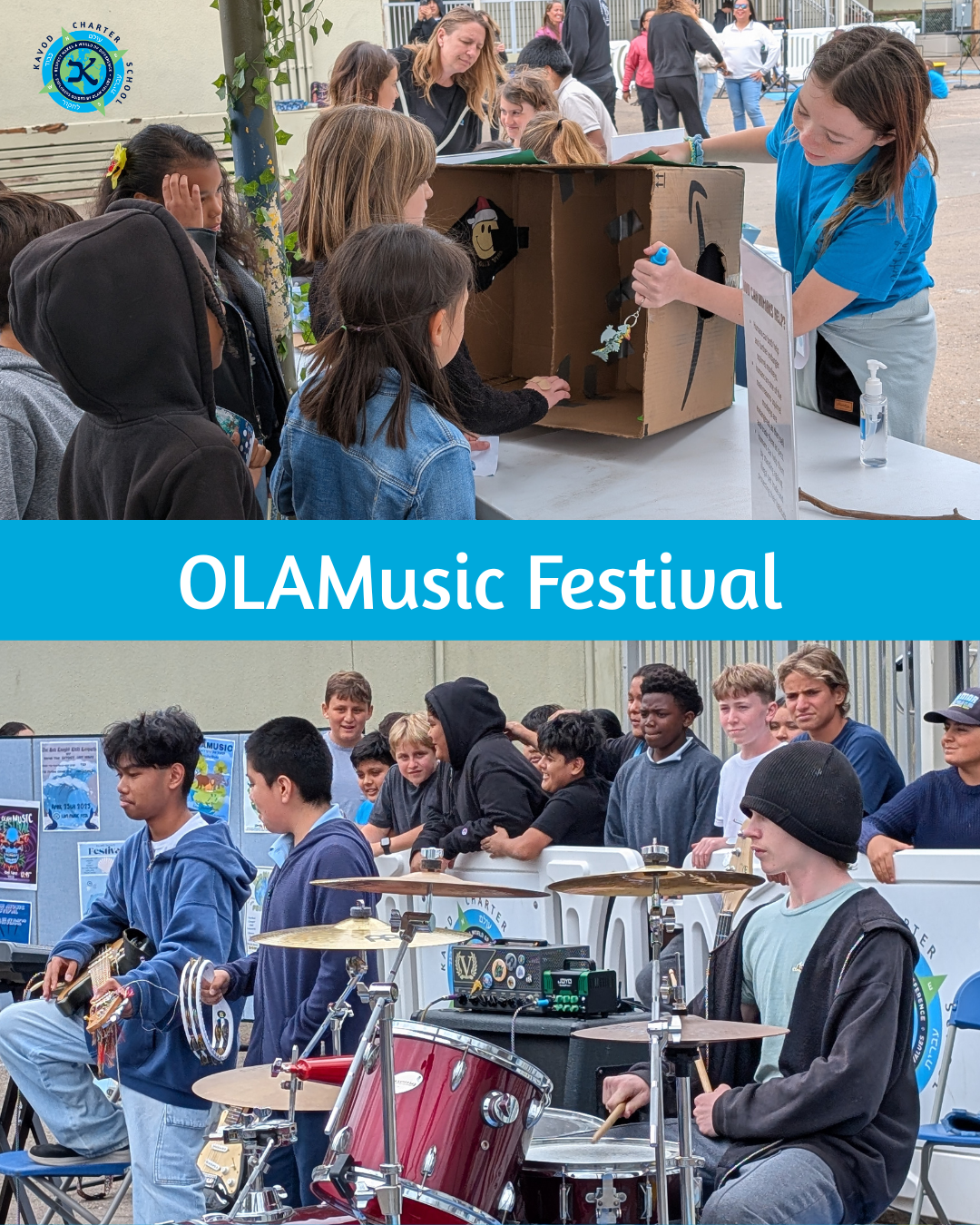 A graphic with two photos of Kavod students participating in the OLAMusic Festival
